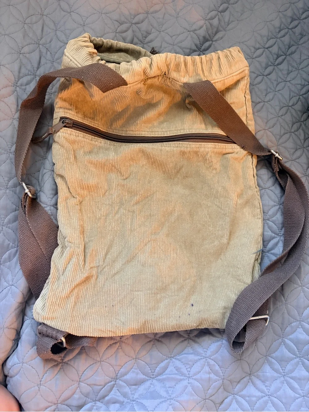 Vintage Life Is Good Corduroy Drawstring Backpack Cinch Bag Pink Heart Tan Y2K